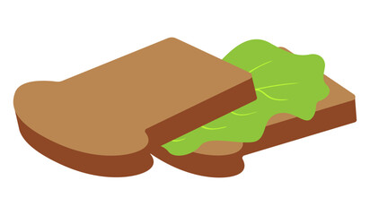 Rye bread with lettuce leaves. Healthy food, diet, proper nutrition, fat, protein, carbohydrates, lifestyle, healthcare, fitness, weight loss or gain, snack, vitamins. Vector illustration