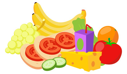 Healthy food. Banana, grape, tomato, juice, cucumber, whole wheat bread, orange, lettuce, cheese, fruit, vegetables, diet, proper nutrition, fat, protein, carbohydrates, lifestyle, healthcare, fitness