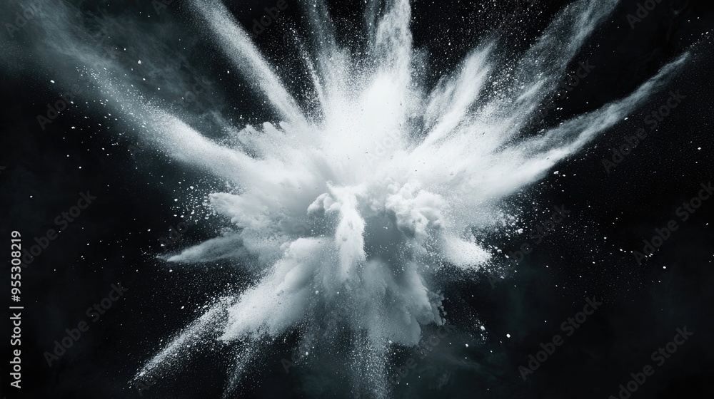 Poster freeze motion of a white dust explosion rendered in 3d cartoon style on a dark background stopping t