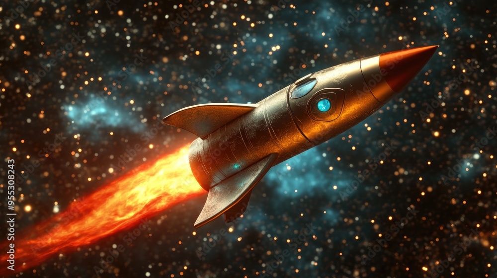 Aufkleber rocket flying in space 3d cartoon rendering mixed media