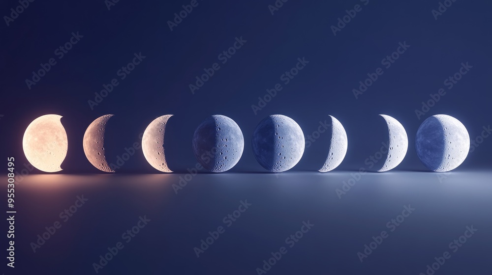 Poster line icons depicting phases of the moon in 3d cartoon rendering
