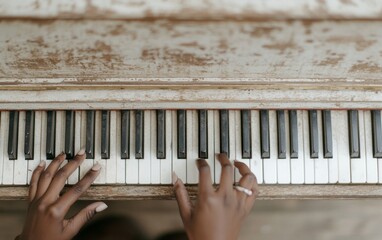 Joyful Young Interracial Couple Playing Piano in Vintage Room as Escape from Financial Crisis,...