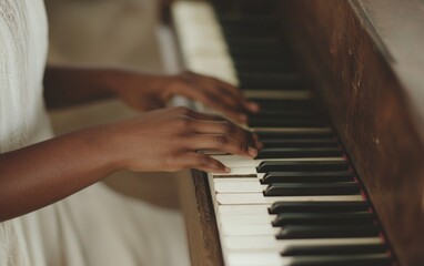 Fototapeta premium Interracial Young Couple Playing Vintage Piano in Cozy Room, Expressing Joy and Tranquility Amid Financial Crisis