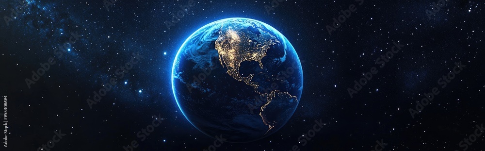 Poster Sunrise view from space on Planet Earth depicted in a 3D cartoon rendering A detailed representation of the world in a star filled universe High quality 3D animation of a realistic globe