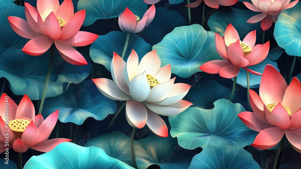 Poster Stylized hand drawn lotus flowers seamless pattern in oriental style created with 3D cartoon rendering Endless background