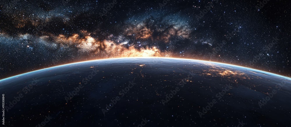 Poster view of stars and milky way from space in a 3d cartoon rendering above earth