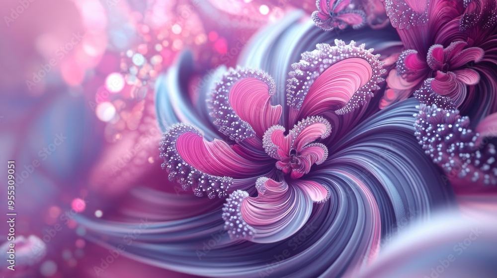 Poster Abstract fractal patterns and shapes rendered in 3D cartoon style Dynamic flowing natural forms featuring flowers and spirals Mysterious psychedelic relaxation design