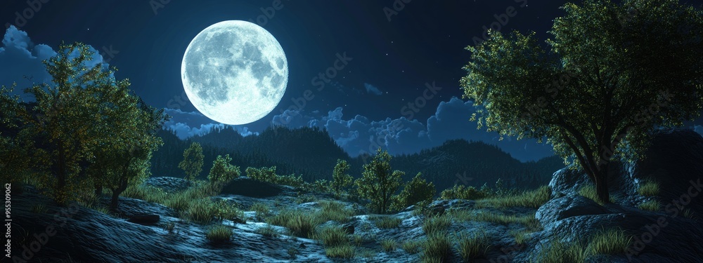 Poster 3d cartoon rendering featuring a full moon