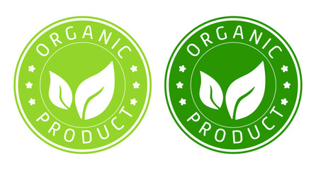 Organic product label. Tag, sticker, leaf, leaves, stars, green, eco friendly, ecology, fresh, clean, without synthetic fertilizers, farm, useful, healthy, health care, harmless. Vector illustration