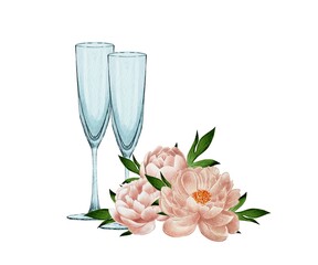 Bouquet of peonies, with eucalyptus in a glass vase, and wedding champagne glasses, watercolor illustration on white backgroun:. Delicate flowers for wedding decoration, holidays, birthdays 