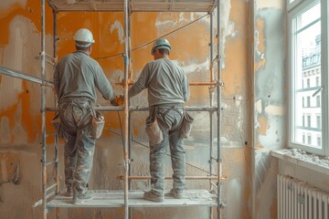 Construction men are working on a building, standing on a scaffold