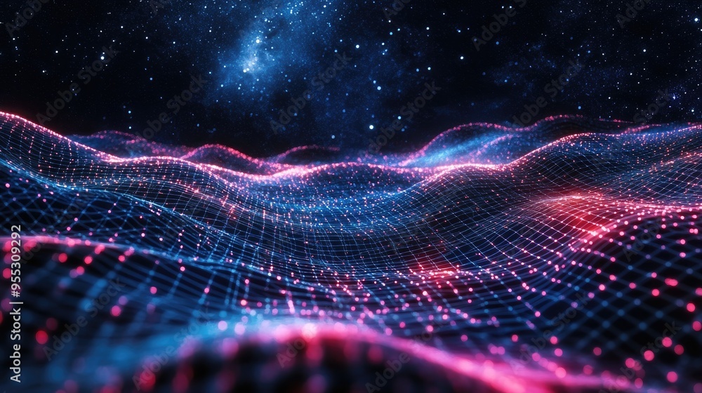 Aufkleber 3D illustration of an abstract landscape featuring a cyberspace grid on a dark background showcasing a starry outer space texture and a hi tech network