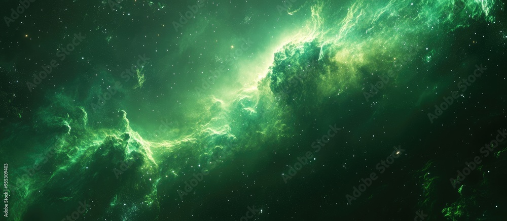 Poster high quality photo of a green space nebula in a 3d cartoon rendering