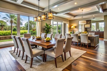 Spacious contemporary dining room features a stylish set for 8 with ample seating for gatherings and inviting decor