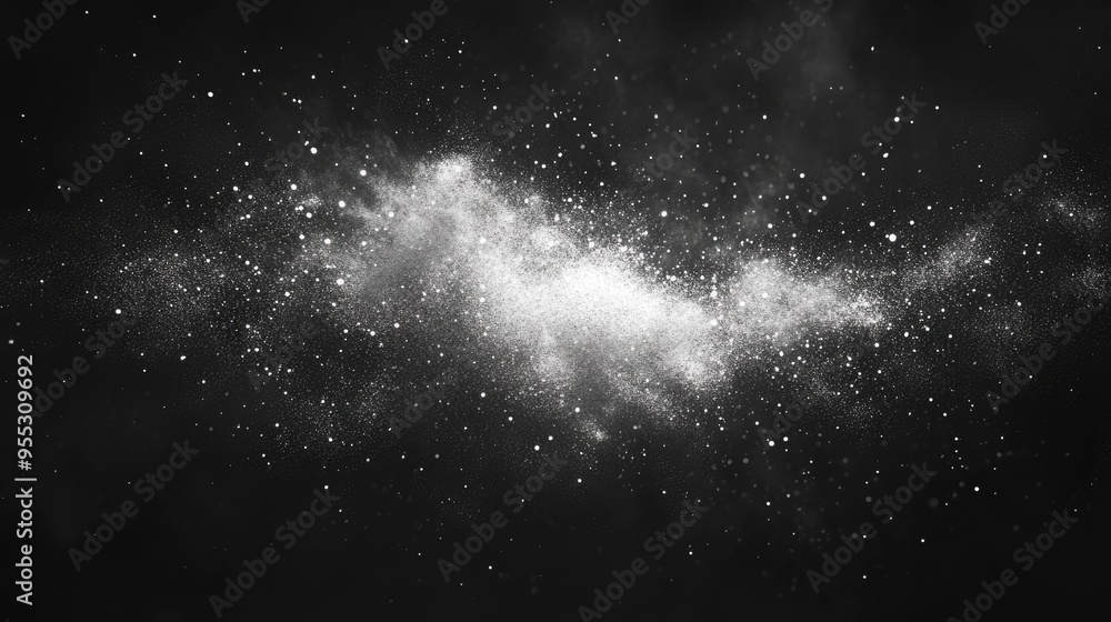 Poster freeze motion of white particles on a black background depicted in a 3d cartoon rendering abstract d