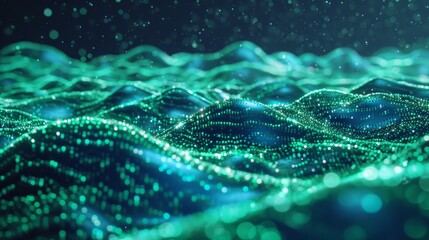 Mesmerizing green digital waves of sparkling particles