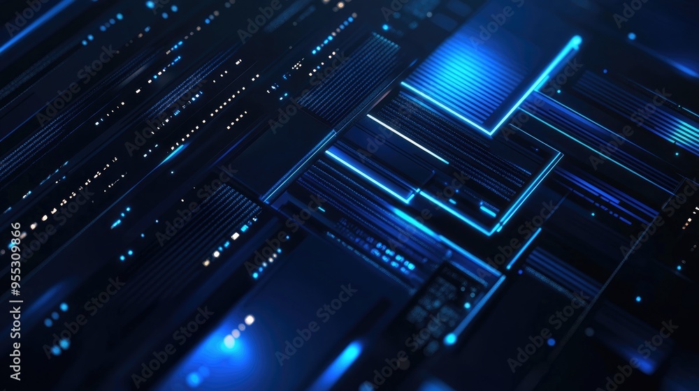 Poster Abstract dark blue futuristic background featuring ordered luminous rectangles and stripes in a 3D cartoon rendering