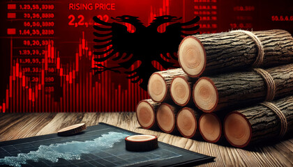 Logs neatly stacked on a table with stock market data and the Albania flag overlay, representing the impact of market trends on forestry industry