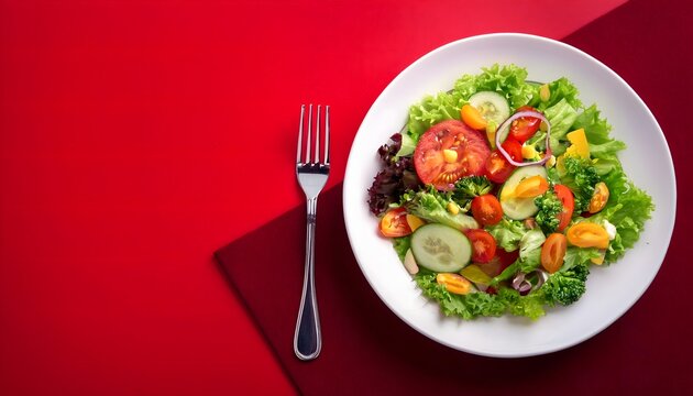 Top view a white plate Special delicious various kinds of vegetable healthy salad  on the red abstract background. Copy Space, World Food Day concepts