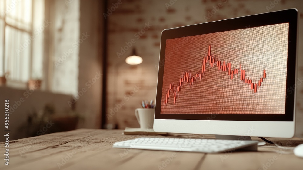 Poster dimming light in office highlights financial crisis with falling stock graph on computer screen