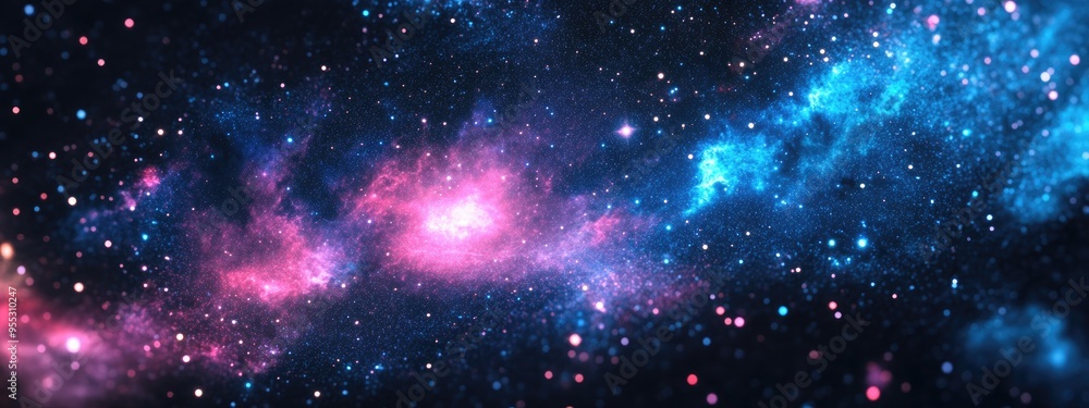 Poster 3D cartoon representation of a mysterious glowing universe featuring an astronomical scientific background with nebulae and stars in deep space