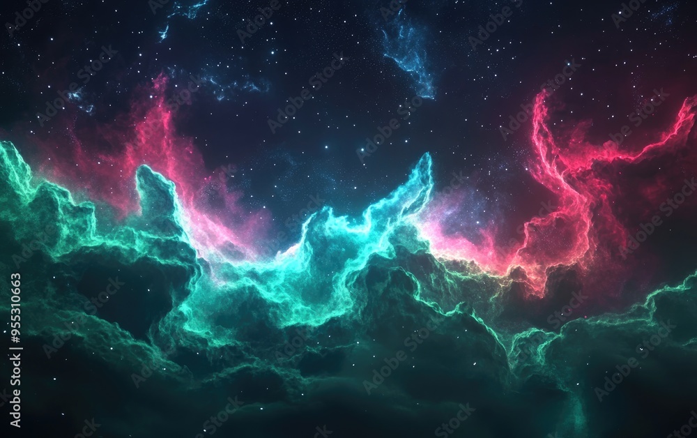 Poster 8k illustration of a nebula in black green blue and red space created with 3d cartoon rendering