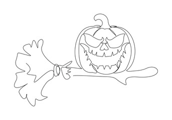 Continuous single line sketch drawing of spooky jack o lantern halloween pumpkins horror scary face with flying witch broom magical wand vector illustration	