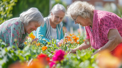 Fototapeta premium Group of elderly women enjoying a sunny afternoon as they plant seeds and water flowers in a colorful community garden, their faces filled with joy and serenity. Ai generated