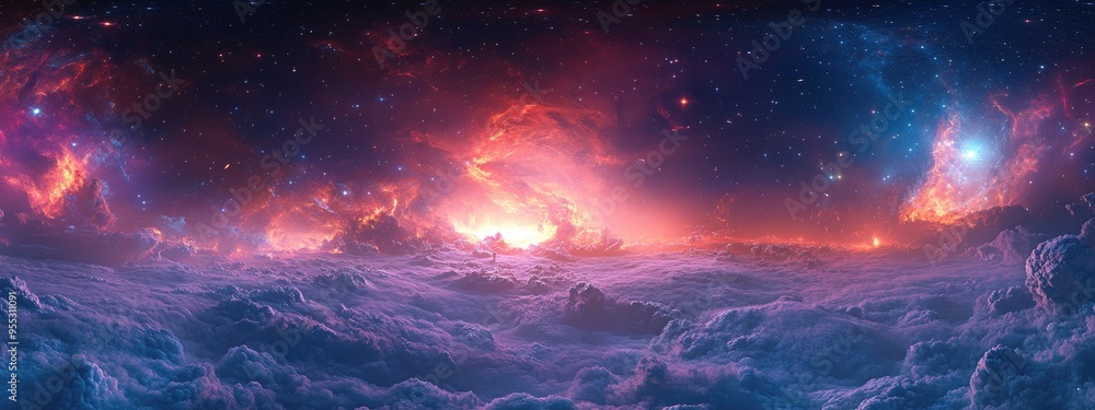 Aufkleber 360 degree interstellar cloud of dust and gas in a 3D cartoon rendering Space background featuring a nebula and stars with a glowing nebula equirectangular projection and environment map HDRI sphe