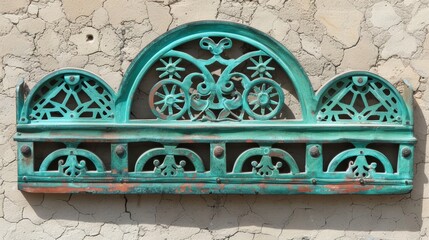 Vintage turquoise iron window grille on weathered wall