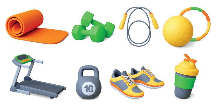 3d sport tools. Fitness equipment icons, realistic render elements. Gym workout shoes and accessories. Dumbbells jumping rope sporty mug, pithy vector set