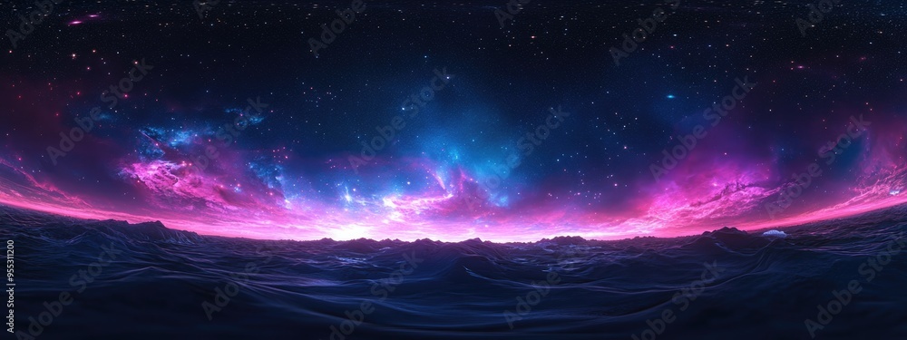 Poster 360 degree space background featuring a nebula and stars created in 3D cartoon rendering with equirectangular projection and HDRI spherical panorama 3D illustration
