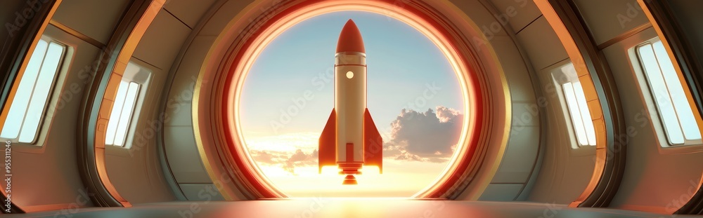 Poster A rocket in a round room rendered in 3D cartoon style with digital computer artistry