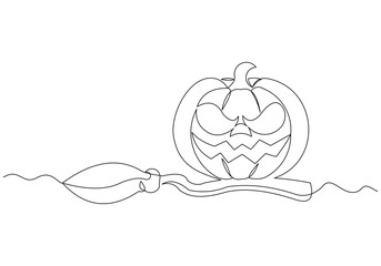 Continuous single line sketch drawing of spooky jack o lantern halloween pumpkins horror scary face with flying witch broom magical wand vector illustration	