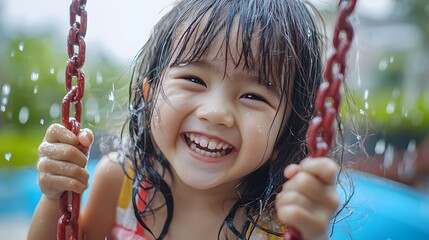 Happy young girl laughing and playing on a swing in the backyard on a sunny summer day