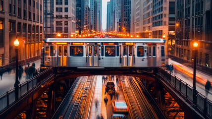 Fototapeta premium The Chicago transit system train passing over a busy bridge, with pedestrians and traffic below, capturing the vibrant energy of the city. Ai generated