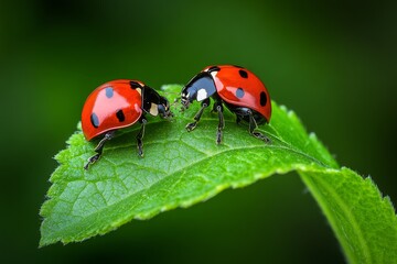 Obraz premium Ladybugs, exploring leaves, curious and busy move with purpose as they search for aphids