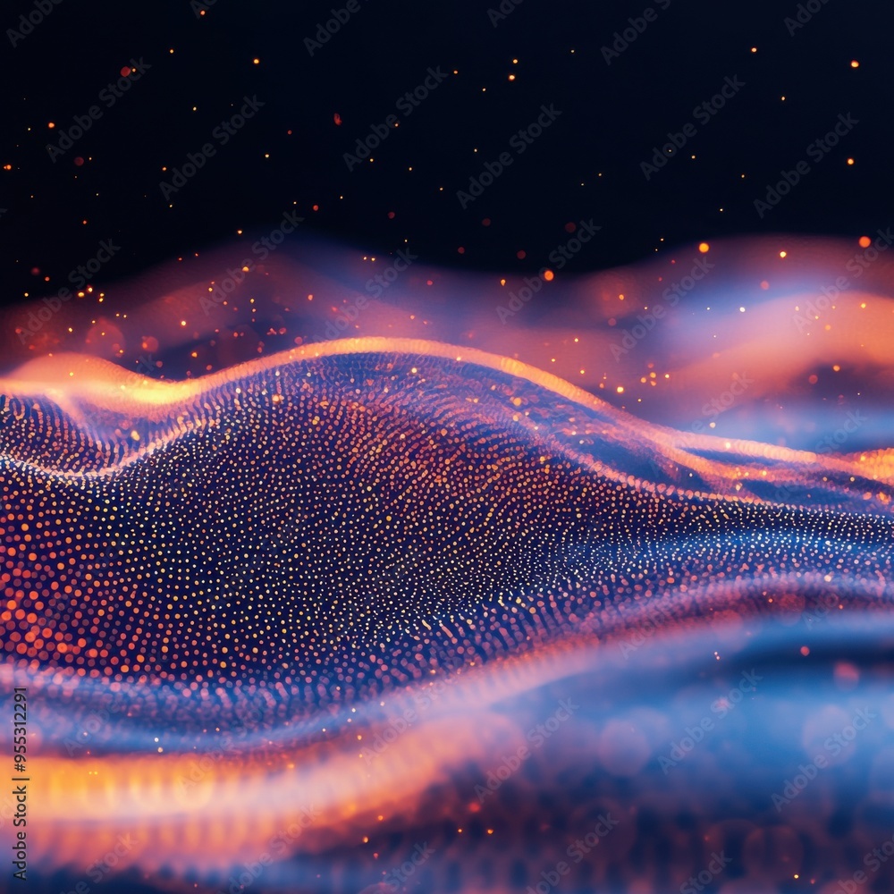 Poster abstract wave of glowing particles in vibrant colors, creating a mesmerizing texture. perfect for ba
