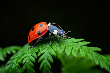 Fototapeta premium Ladybugs, hidden among ferns, secretive guests blend into their surroundings, waiting to be discovered