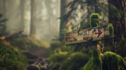Wooden Signpost in a Foggy Forest