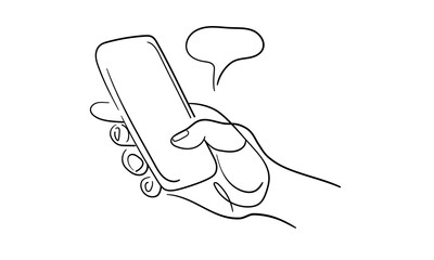Obraz premium Hand holding phone continuous line art drawing isolated on white background. Communication chat on the phone. Vector illustration