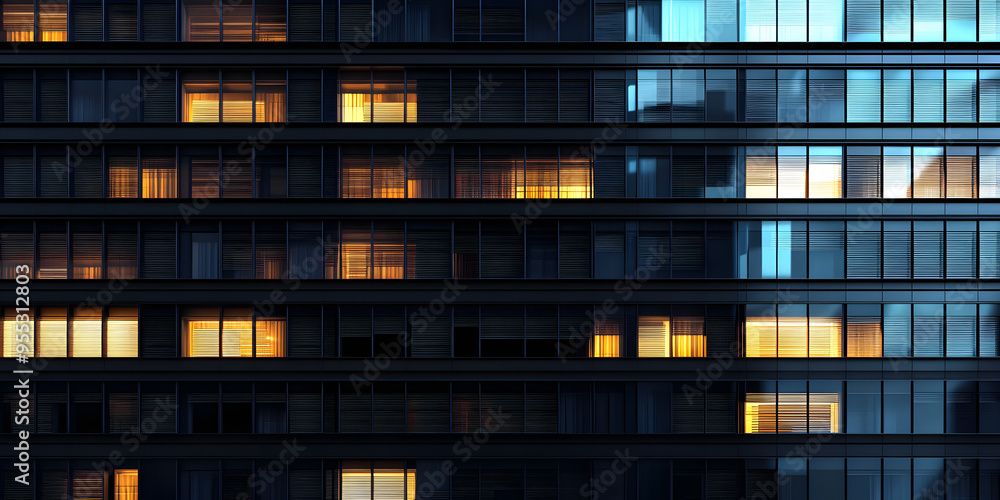Poster seamless skyscraper facade with windows and blinds at night. modern abstract office building backgro