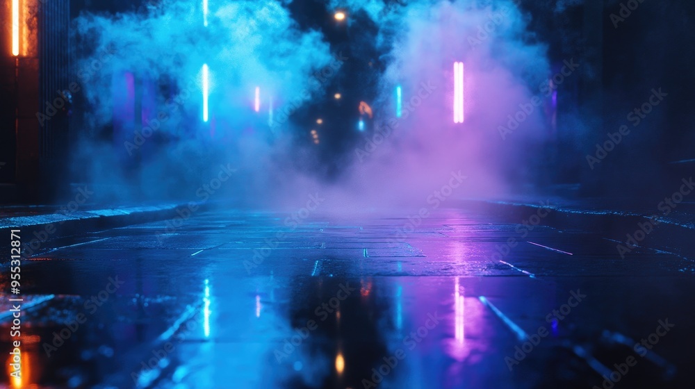 Poster empty backdrop scene featuring dark street reflections on wet pavement neon light rays illuminate th