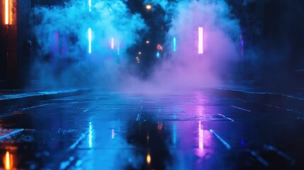 Empty backdrop scene featuring dark street reflections on wet pavement Neon light rays illuminate the darkness creating abstract shapes amidst smoke