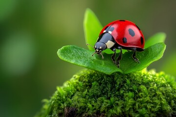 Fototapeta premium Ladybugs, nestled in moss, tiny red spots bring a pop of color to the green carpet of the forest floor