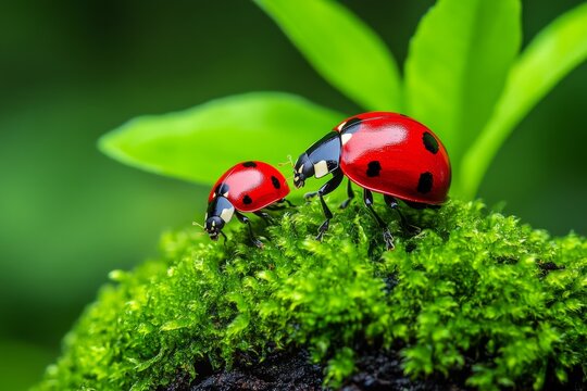 Ladybugs, nestled in moss, tiny red spots bring a pop of color to the green carpet of the forest floor