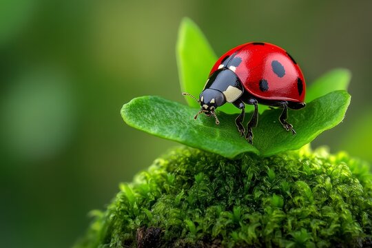 Ladybugs, nestled in moss, tiny red spots bring a pop of color to the green carpet of the forest floor