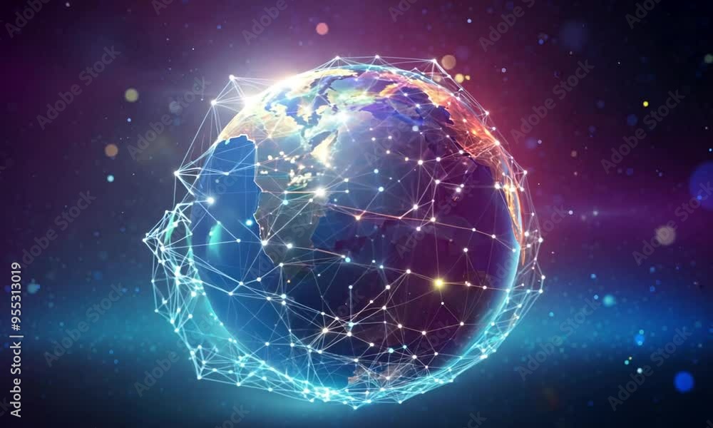 Aufkleber global digital network video animation. rotating earth encapsulated in connected lines nodes animate