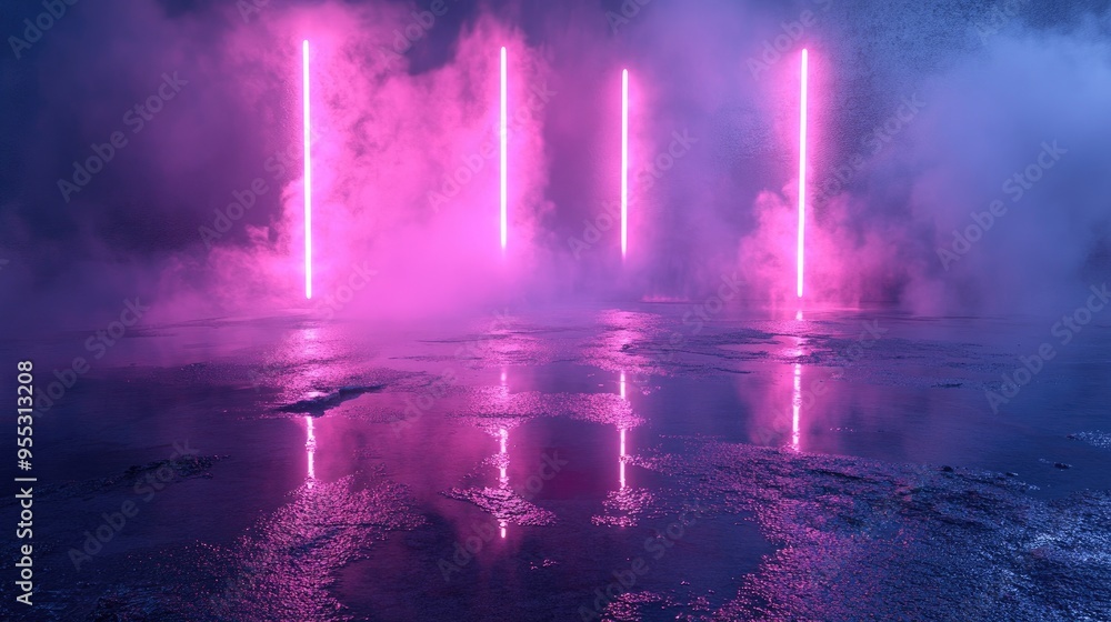 Poster empty backdrop scene featuring reflections on wet asphalt illuminated by neon light rays with abstra