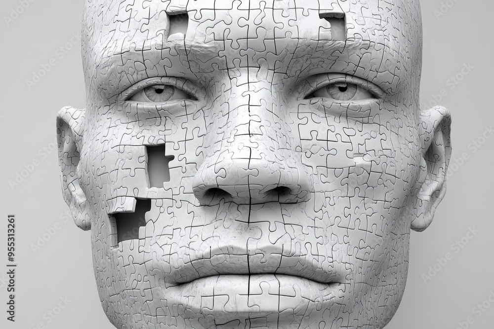 Aufkleber brain health neuroimaging monochrome portrait of a man’s face composed of interlocking puzzle pieces